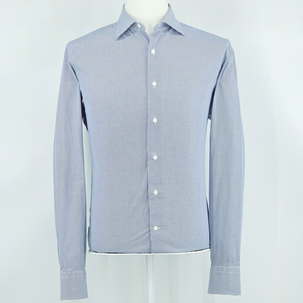 Blue Micro-Gingham Davide Cenci Dress Shirt Men’s L Italian Cotton